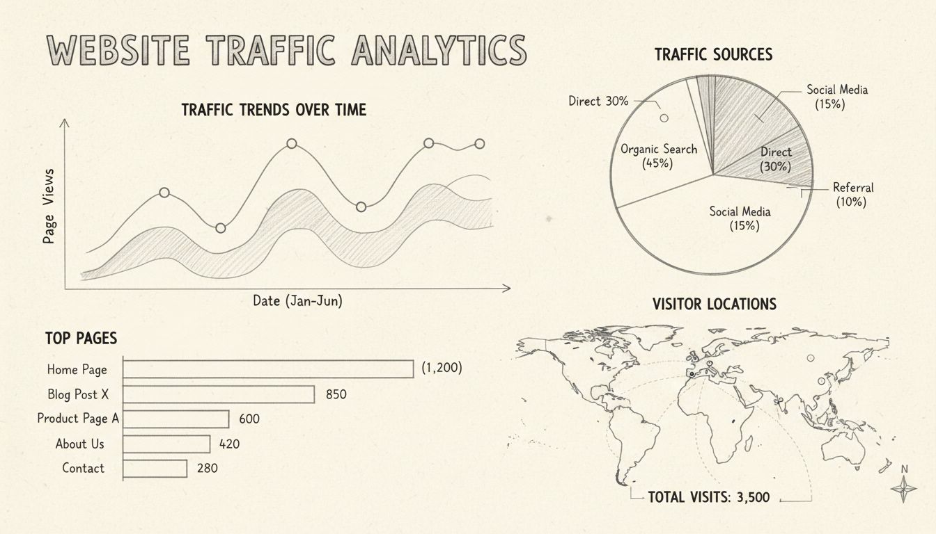 Dashboard websiteverkeer-analyse met lijngrafieken, taartdiagrammen, staafdiagrammen en wereldkaart met bezoekerslocaties