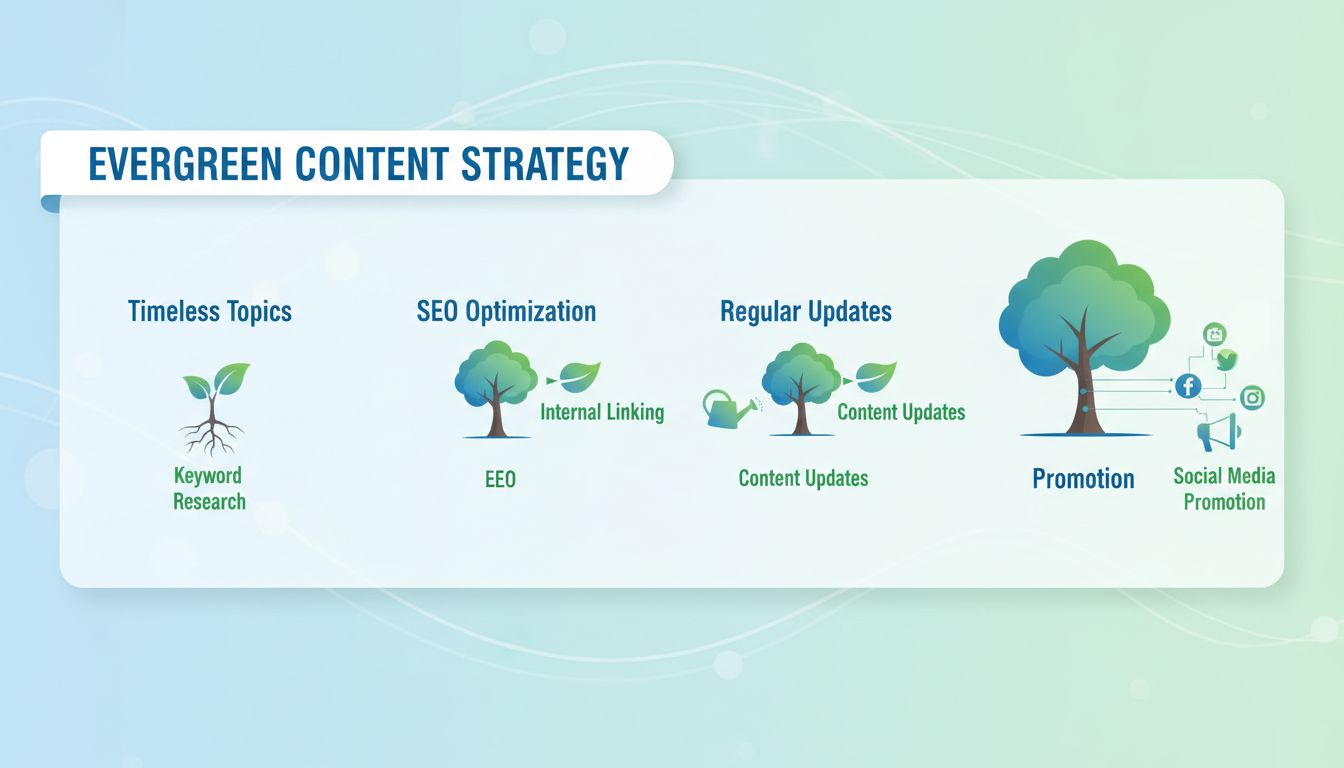 Evergreen content strategie infographic met tijdloze onderwerpen, SEO-optimalisatie, regelmatige updates en promotietechnieken