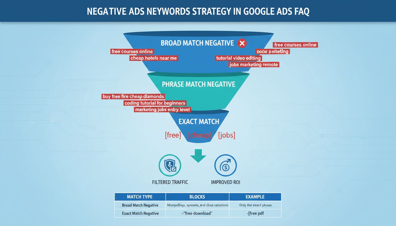 Infographic over negatieve zoekwoordenstrategie met broad match, phrase match en exact match filtering en voorbeelden van geblokkeerde zoektermen