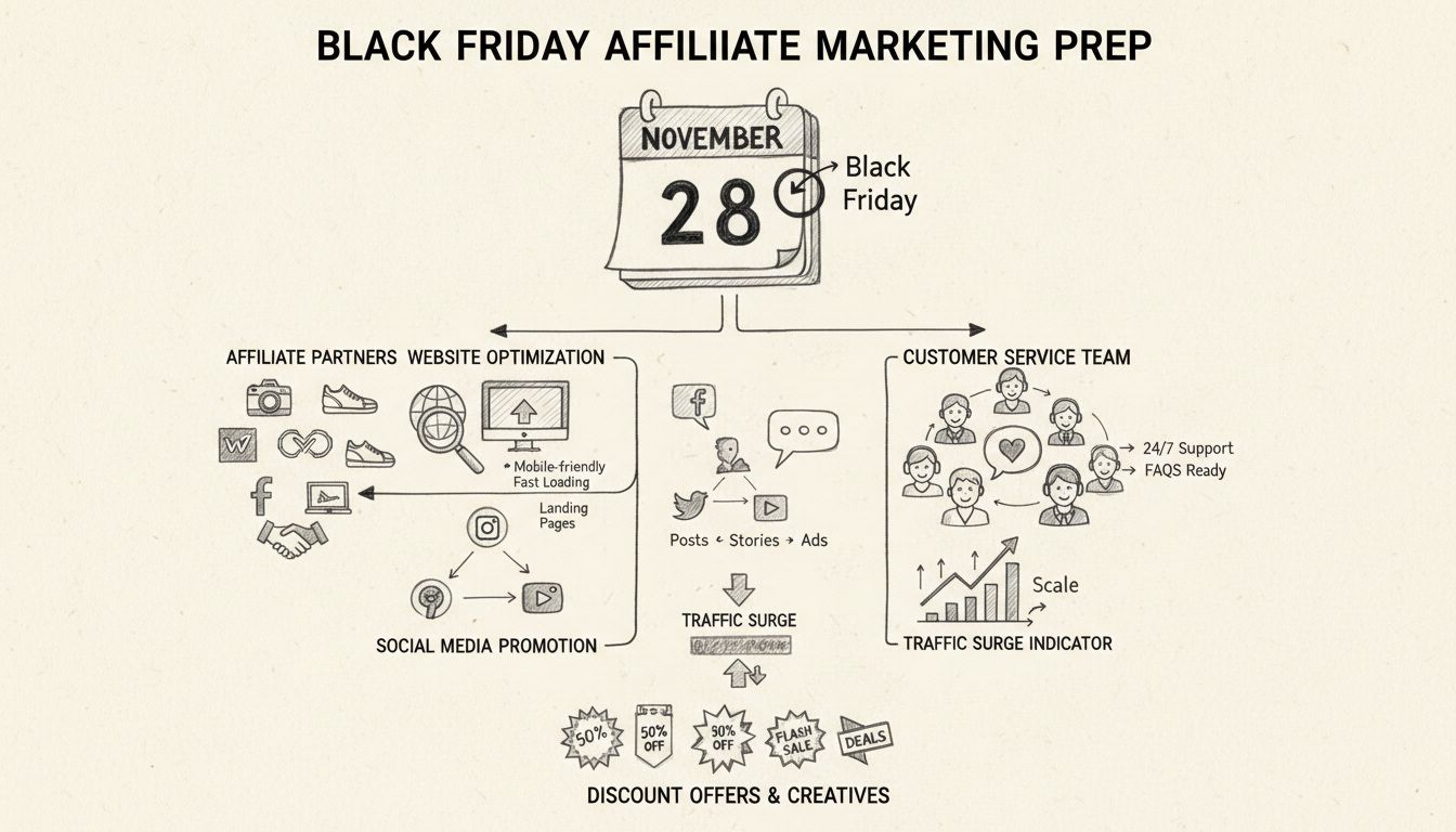 Black Friday affiliate marketing voorbereiding checklist met kalender, affiliate partners, website-optimalisatie, social media promotie, klantenservice, en verkeerspieken