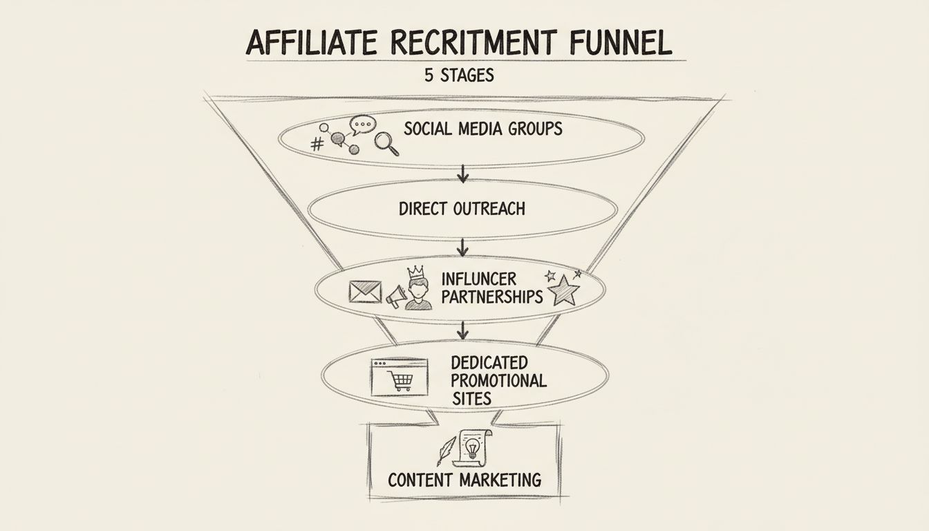 Diagram van affiliate-wervingsfunnel met vijf fases: Social Media Groepen, Directe Benadering, Influencer Partnerships, Toegewijde Promotiesites en Contentmarketing