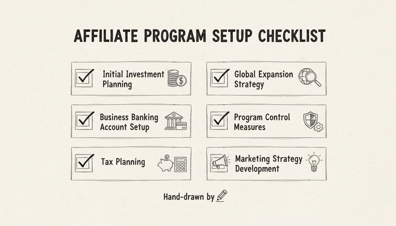 Checklist voor het opzetten van een affiliateprogramma met investeringsplanning, zakelijke bankinfrastructuur, belastingplanning, wereldwijde expansie, programmacontrole en marketingstrategie