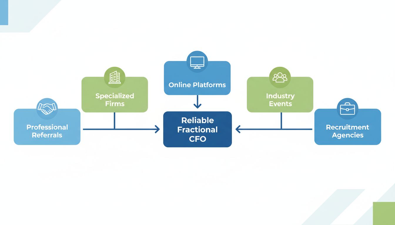 Vijf hoofdkanalen om een betrouwbare Fractionele CFO te vinden: Professionele aanbevelingen, Gespecialiseerde bureaus, Online platforms, Branche-evenementen, en Recruitmentbureaus