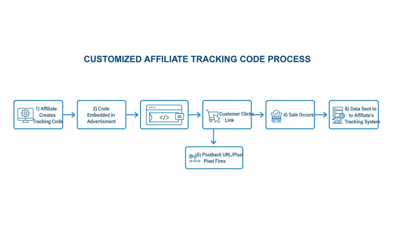 Diagram van de flow van aangepaste affiliate trackingcodes waarin wordt getoond hoe trackingcodes worden aangemaakt, in advertenties worden geplaatst en worden geactiveerd bij verkoop