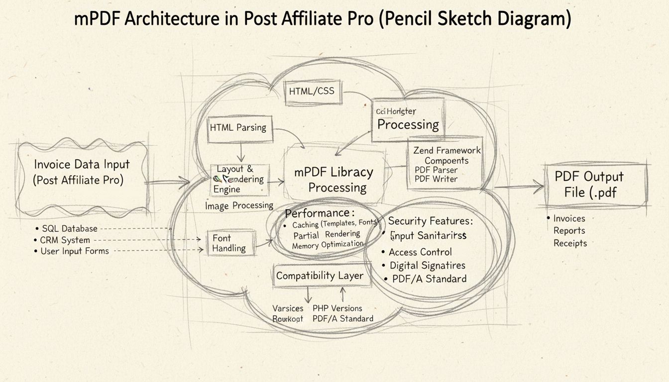 mPDF library architecture diagram showing PDF generation flow from invoice data through processing to output with performance improvements and security features