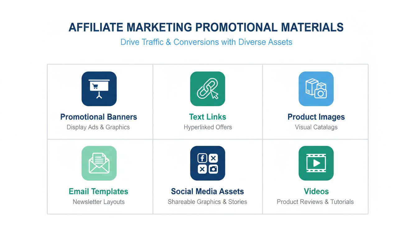 Soorten promotionele materialen gebruikt in affiliate marketing, waaronder banners, tekstlinks, productafbeeldingen, e-mailsjablonen, social media assets en video's