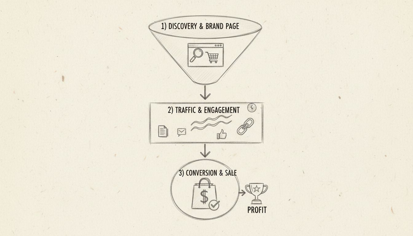 Diagram van de affiliate marketing salesfunnel met drie fasen: affiliate discovery, traffic generation en succesvolle conversie