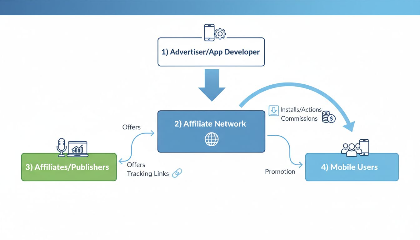 Diagram van het mobiele affiliate marketing-ecosysteem dat de stroom toont tussen adverteerders, affiliate netwerken, affiliates en mobiele gebruikers