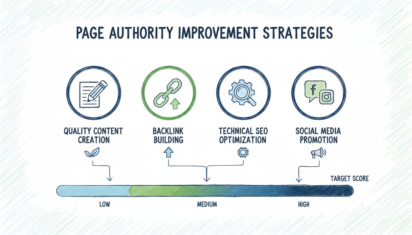 Infographic over strategieën voor het verbeteren van pagina-autoriteit, met creatie van kwaliteitscontent, backlink building, optimalisatie van technische SEO en promotie via social media met PA-schaal