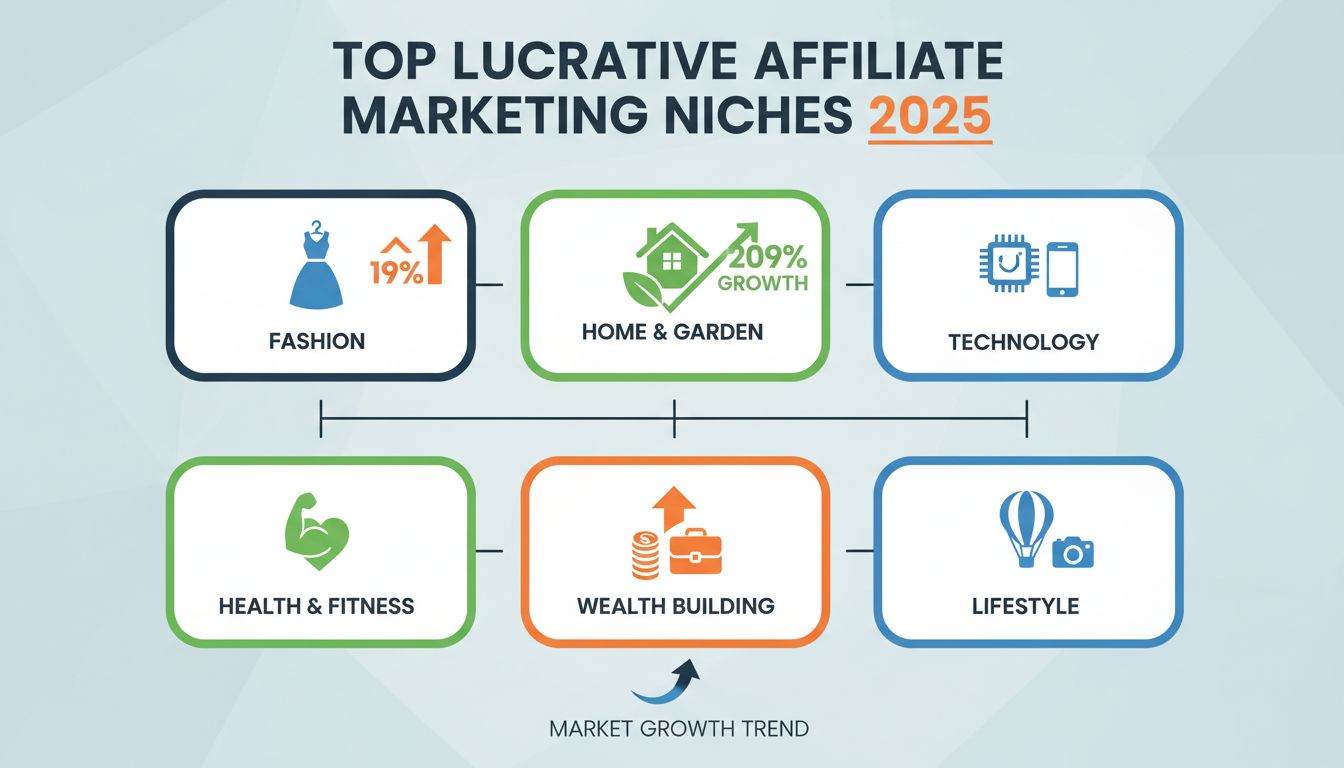 Top lucratieve affiliate marketing niches in 2025, waaronder mode, huis en tuin, technologie, gezondheid en fitness, vermogensopbouw en lifestyle