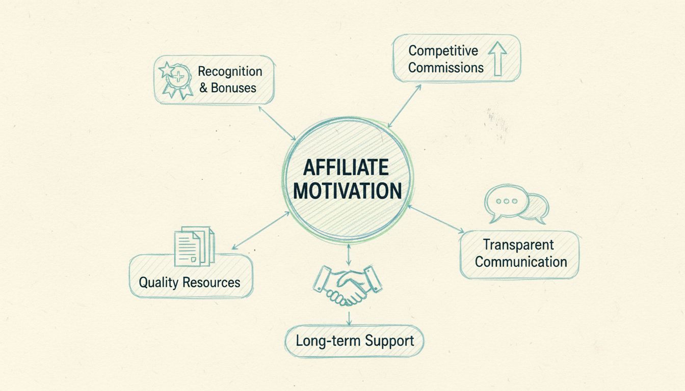 Affiliate motivatiestrategie: concurrerende commissies, transparante communicatie, kwalitatieve hulpmiddelen, erkenning en bonussen, en langdurige ondersteuning