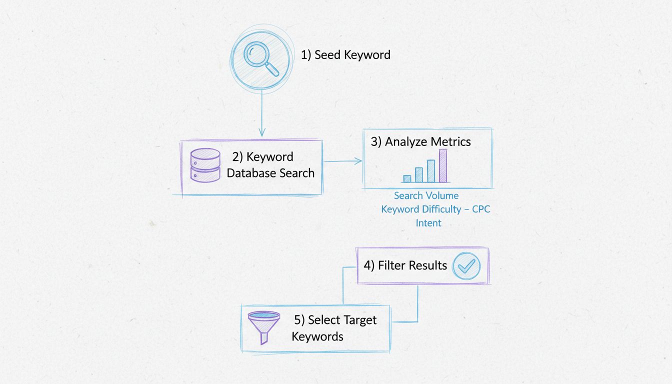 Diagram van zoekwoordenonderzoek workflow met stappen van basiszoekwoord tot selectie van doelzoekwoord