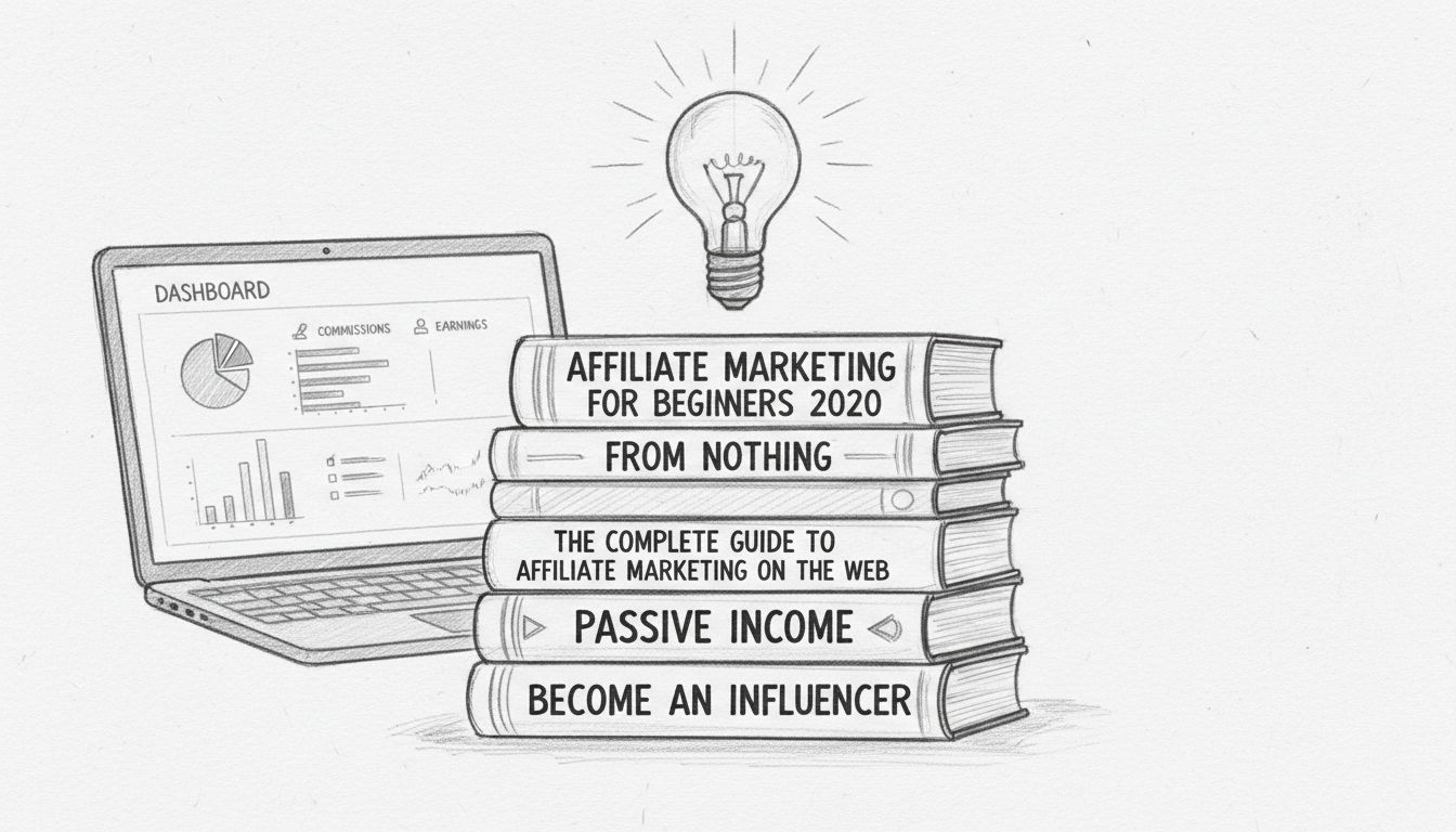 Stapeltje affiliate marketing boeken met een gloeilamp die leren en kennis symboliseert