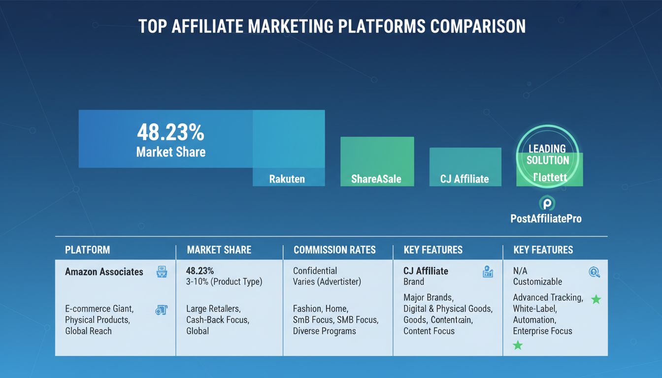 Vergelijking van top affiliate marketing platforms met marktaandeel en functies