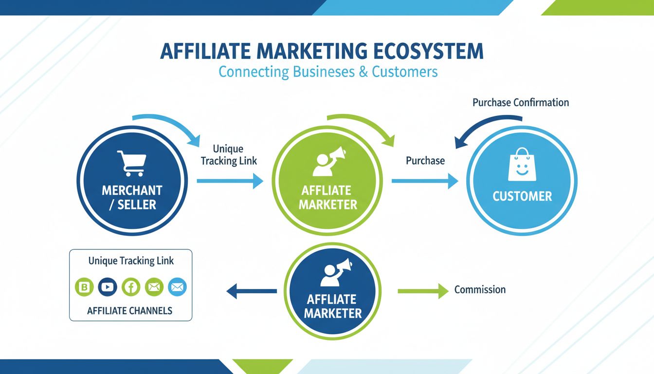 Affiliate Marketing Ecosysteem met merchant, affiliate marketeer en klantrelaties, inclusief trackinglinks en commissies