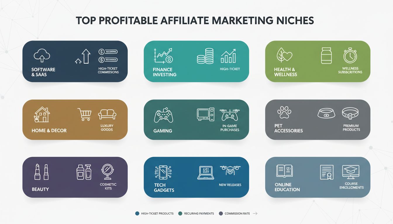 Infographic met de meest winstgevende affiliate marketing niches, waaronder Software, Financiën, Gezondheid, Gaming en meer