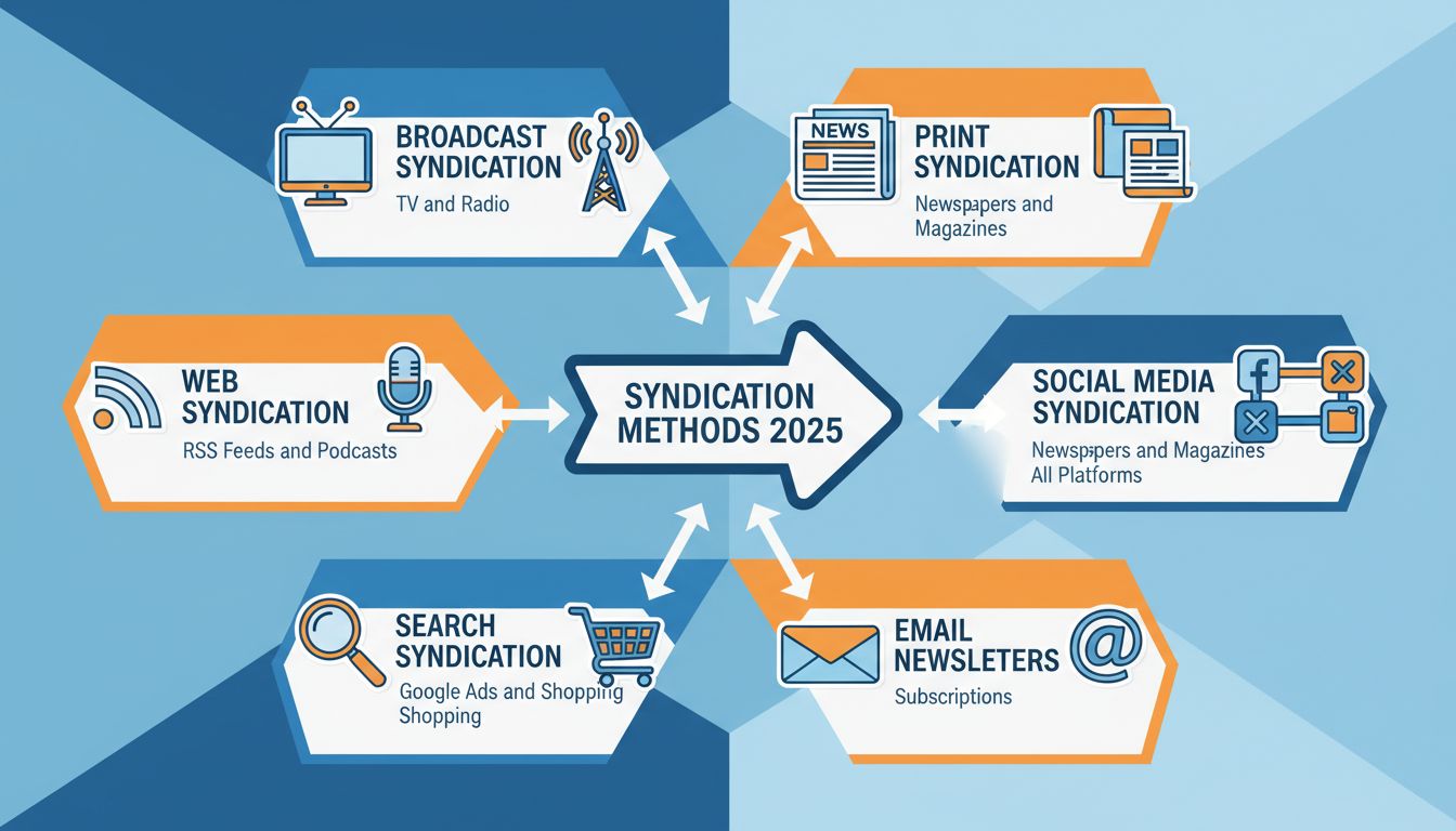 Infographic showing different types of syndication methods including broadcast, web, search, print, social media, and email syndication