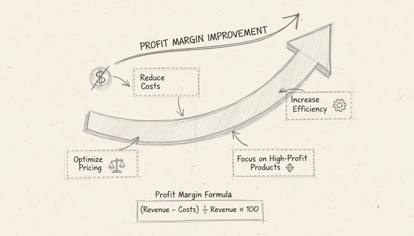 Diagram van strategieën voor verbetering van de winstmarge met kostenverlaging, prijsoptimalisatie, efficiëntieverbeteringen en focus op producten met hoge winst