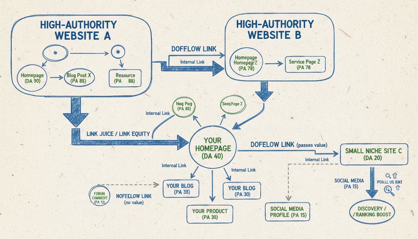 Technisch diagram dat de stroom van link juice in SEO laat zien met dofollow en nofollow links