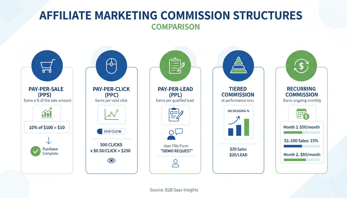 Vergelijking van commissiestructuren in affiliate marketing, met PPS, PPC, PPL, getrapte en terugkerende commissiemodellen, inclusief percentages en betalingsmetrics