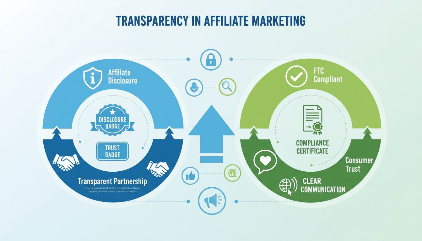 Transparantie in affiliate marketing infographic met openbaarmakingsbadges, FTC-naleving, vertrouwenssymbolen en elementen van consumentenvertrouwen