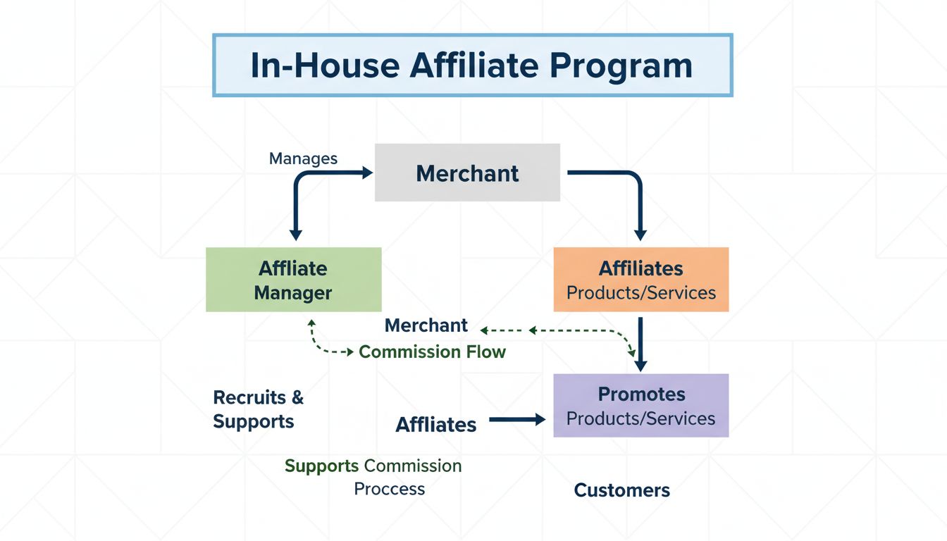 Schema van een in-house affiliate programma met merchant, affiliate manager, affiliates en klanten met commissiestromen