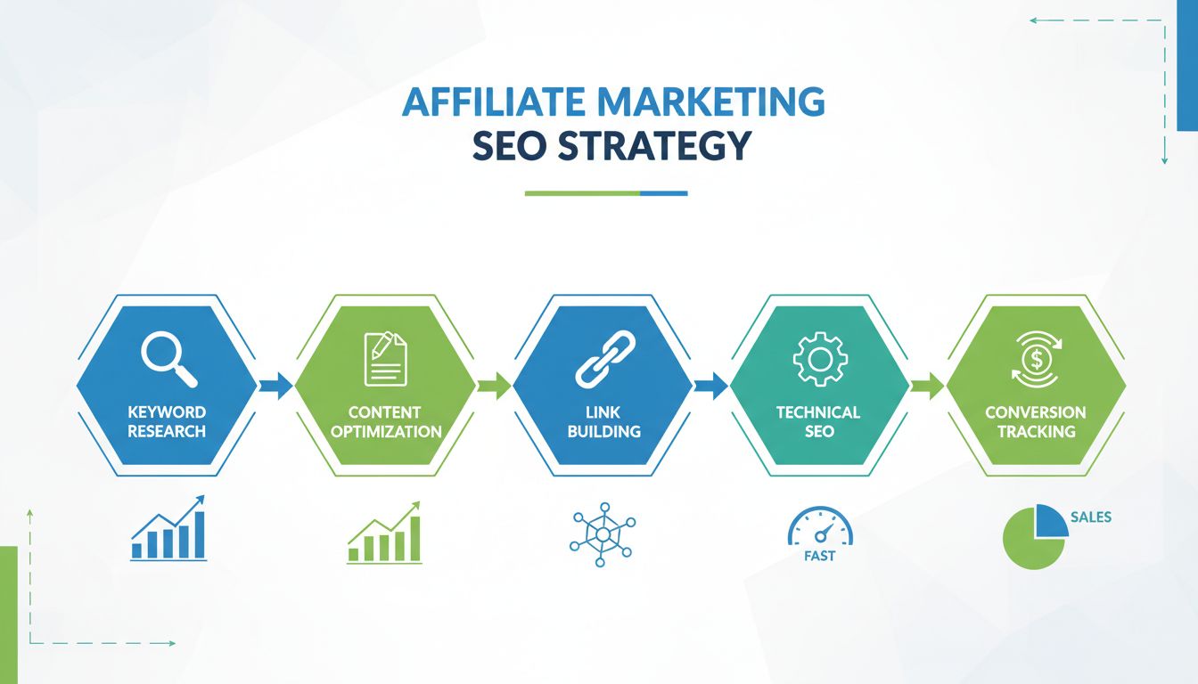 SEO-strategie voor affiliate marketing infographic met zoekwoordonderzoek, contentoptimalisatie, linkbuilding, technische SEO en conversietracking