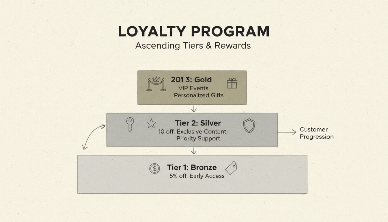 Diagram van de structuur van een gelaagd loyaliteitsprogramma met Bronze, Silver en Gold niveaus en toenemende beloningen en voordelen
