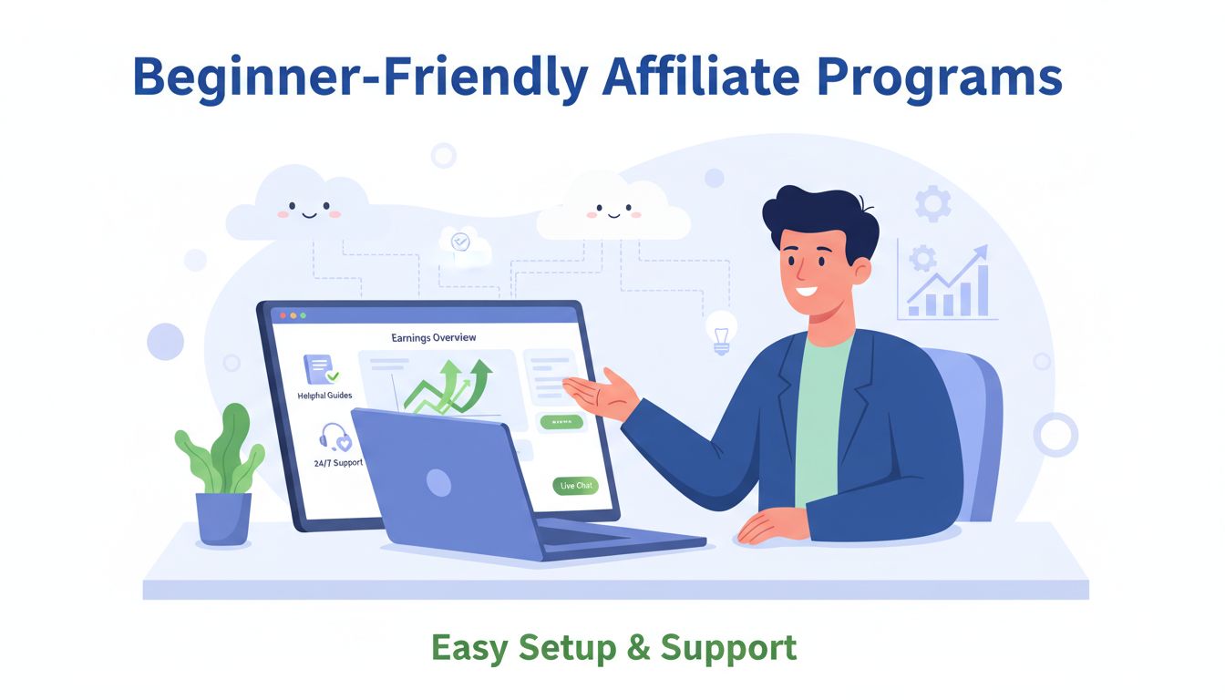 Beginner affiliate marketeer start zijn reis met laptop met eenvoudige opzet, gebruiksvriendelijke interface, ondersteunende hulpmiddelen en een gastvrije omgeving