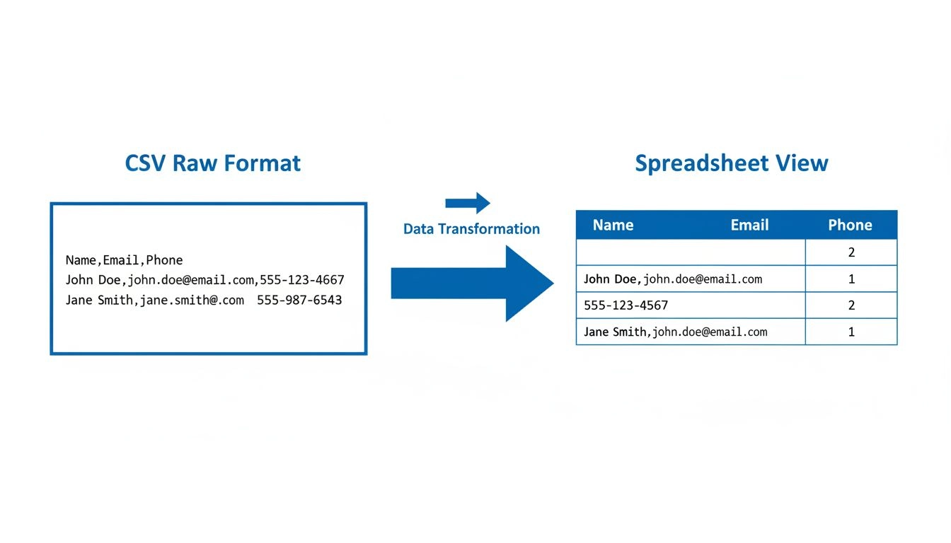 Diagram van CSV-bestandsstructuur: ruwe komma-gescheiden indeling links, transformatie naar spreadsheet-tabelweergave rechts met koppen en datarijen