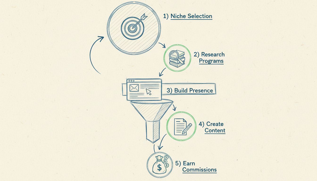 High-ticket affiliate marketing funnel met 5 fasen: niche kiezen, programma's onderzoeken, aanwezigheid opbouwen, content creëren en commissies verdienen