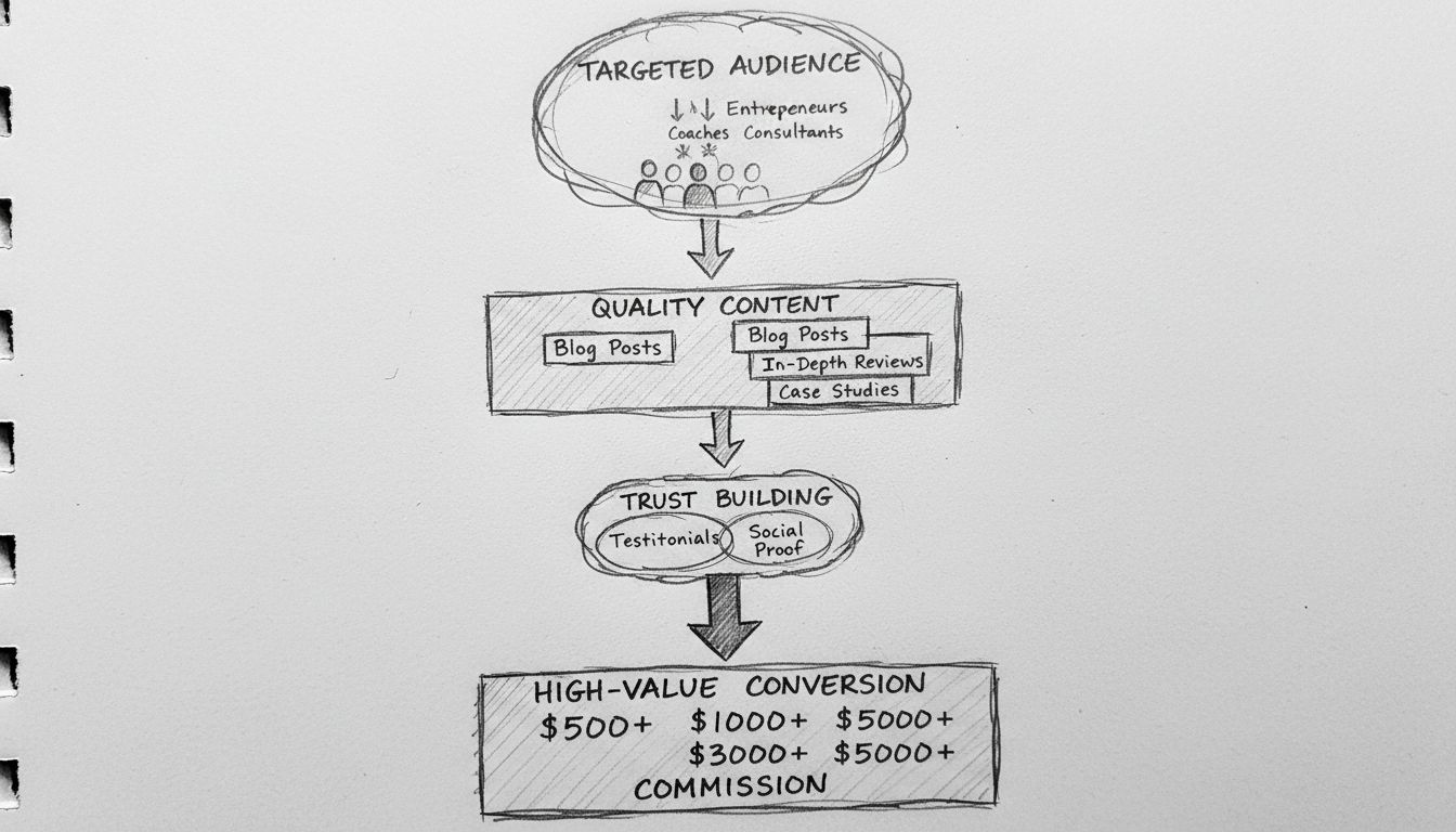 Met potlood getekend diagram van een high-ticket affiliate marketing funnel met de stappen van doelgroep, kwaliteitscontent, vertrouwen opbouwen tot waardevolle conversies