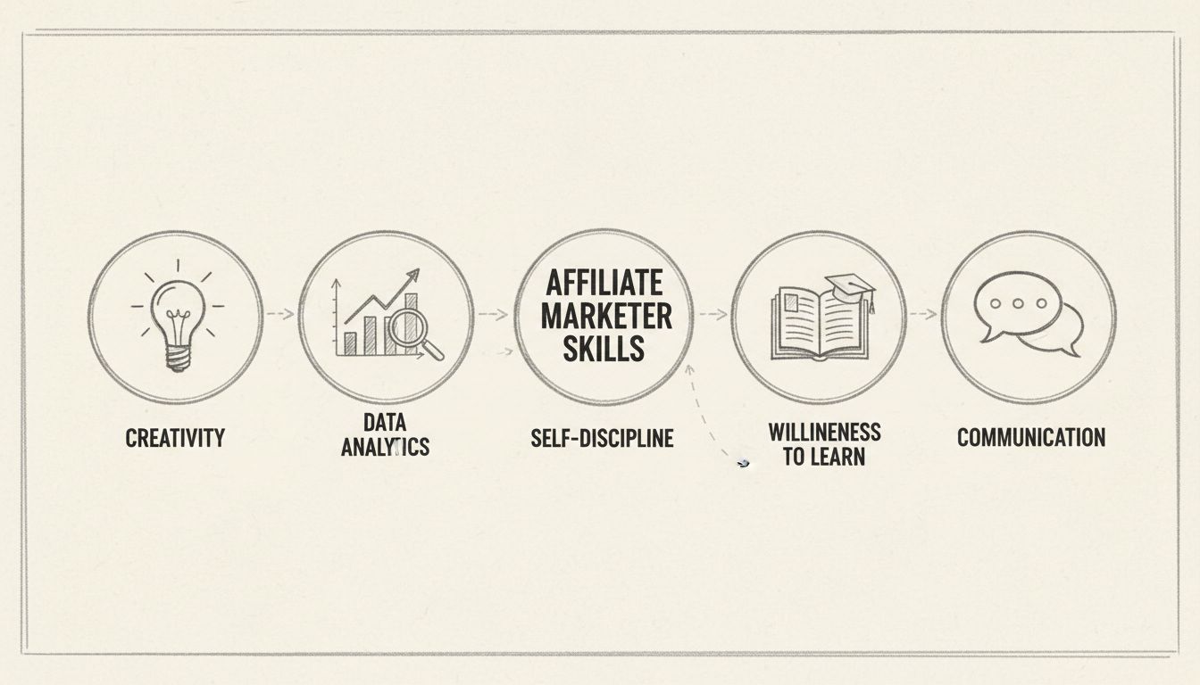 Hand-drawn diagram showing 5 essential affiliate marketer skills: Creativity, Data Analytics, Self-Discipline, Willingness to Learn, and Communication
