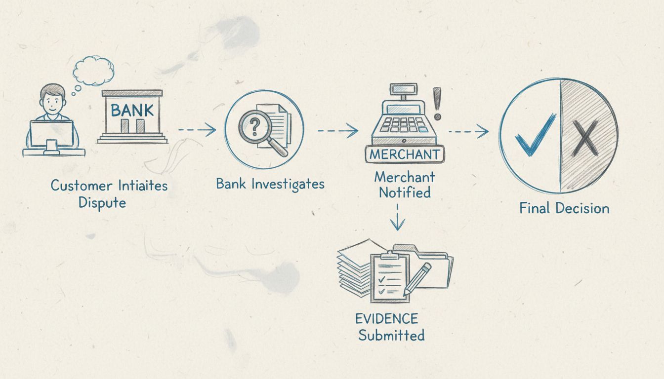 Chargeback process flow diagram showing five stages: customer initiates dispute, bank investigates, merchant notified, evidence submitted, and final decision