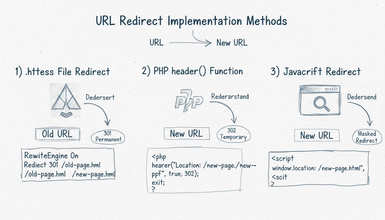 Diagram van URL-omleidingsimplementatiemethoden met .htaccess, PHP header-functie en JavaScript omleidingstechnieken met 301 permanente en 302 tijdelijke omleidingstypen