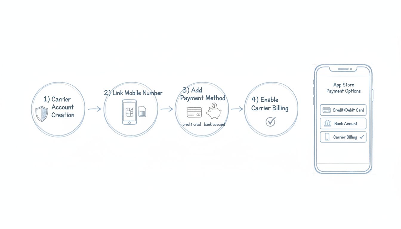 Diagram van het mobiele factureringsproces met vier stappen: aanmaken provideraccount, koppel mobiel nummer, voeg betaalmethode toe en schakel carrier billing in