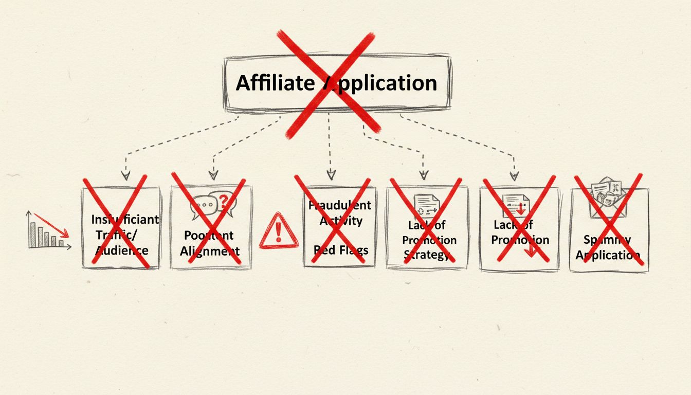 Affiliate netwerk afwijzingsredenen flowchart met onvoldoende verkeer, slechte contentafstemming, frauduleuze activiteit, gebrek aan promotiestrategie en spammy aanvragen