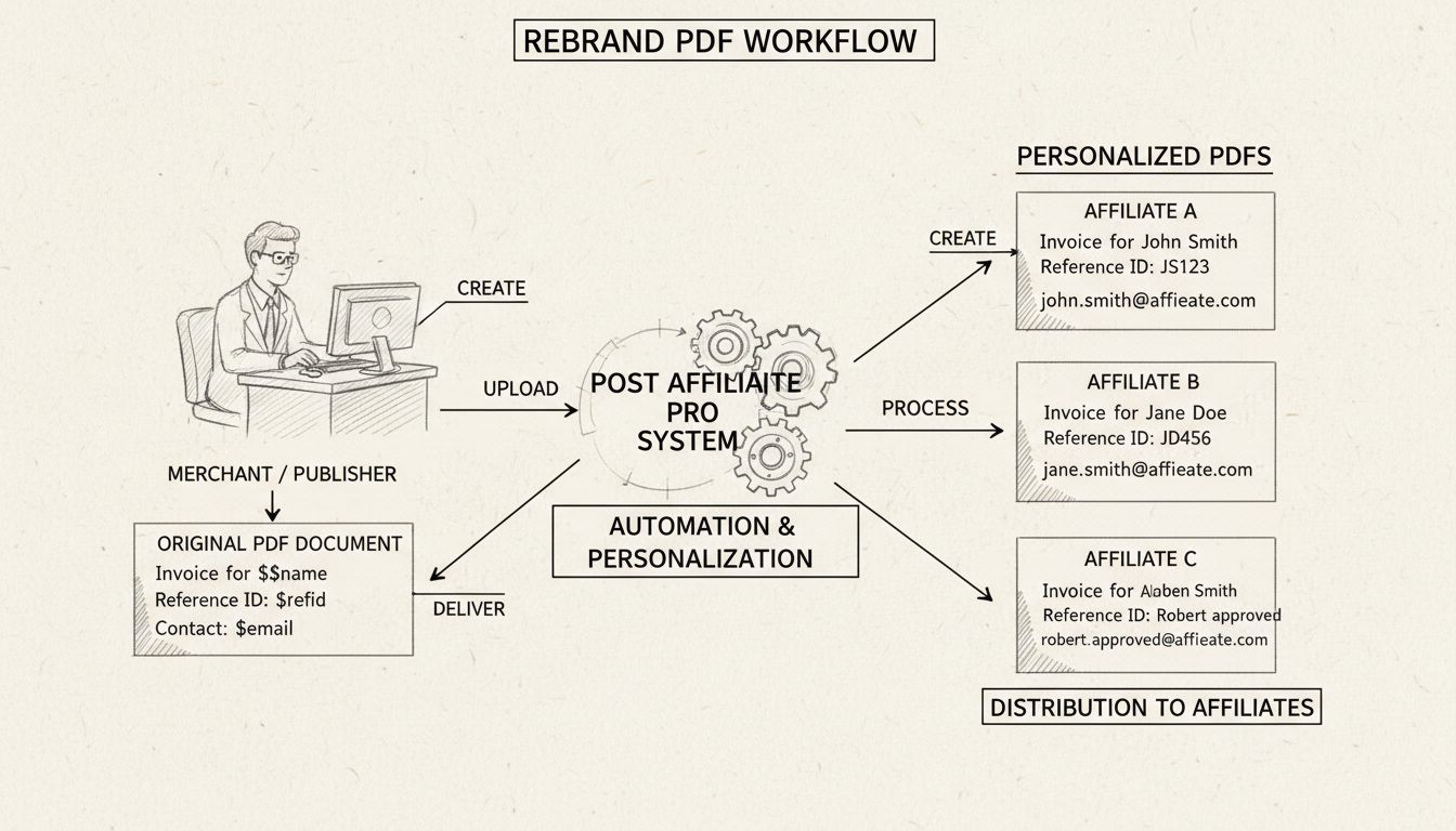 Rebrand PDF workflow diagram showing how merchants create PDFs with variables that are automatically personalized for each affiliate