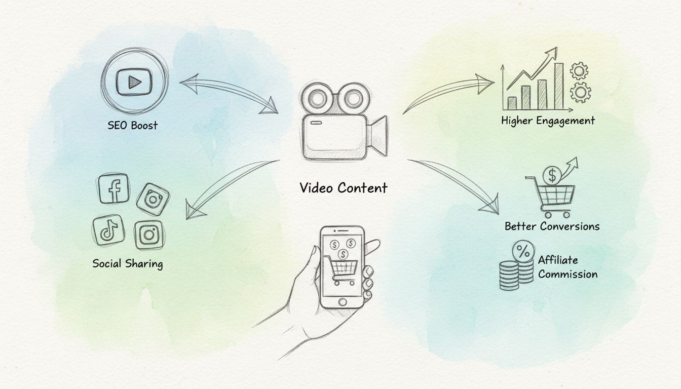 Handgetekend diagram van een videocontentstrategie voor affiliate marketing met YouTube, sociale media-iconen, betrokkenheidsstatistieken en commissiesymbolen