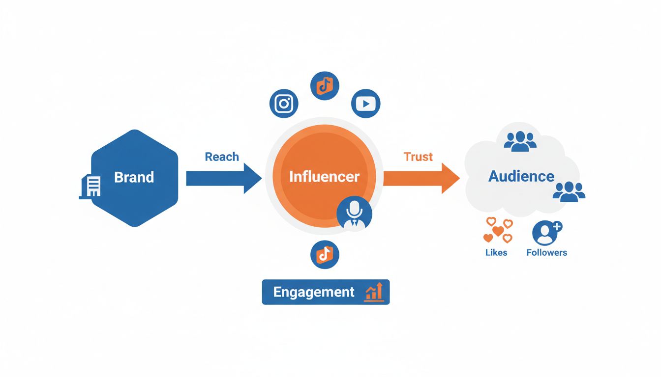 Infographic over influencer marketingstrategie met merk, influencer en publiek verbonden via social media-iconen en engagementstatistieken