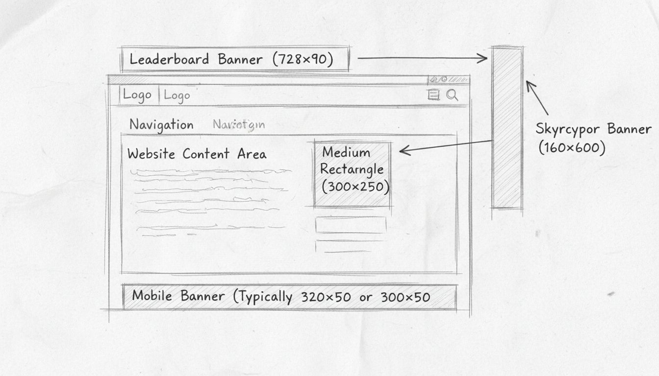 Handgetekend diagram van verschillende typen banneradvertenties en plaatsingen op een website-indeling, waaronder leaderboard, skyscraper, medium rectangle en mobiele banners