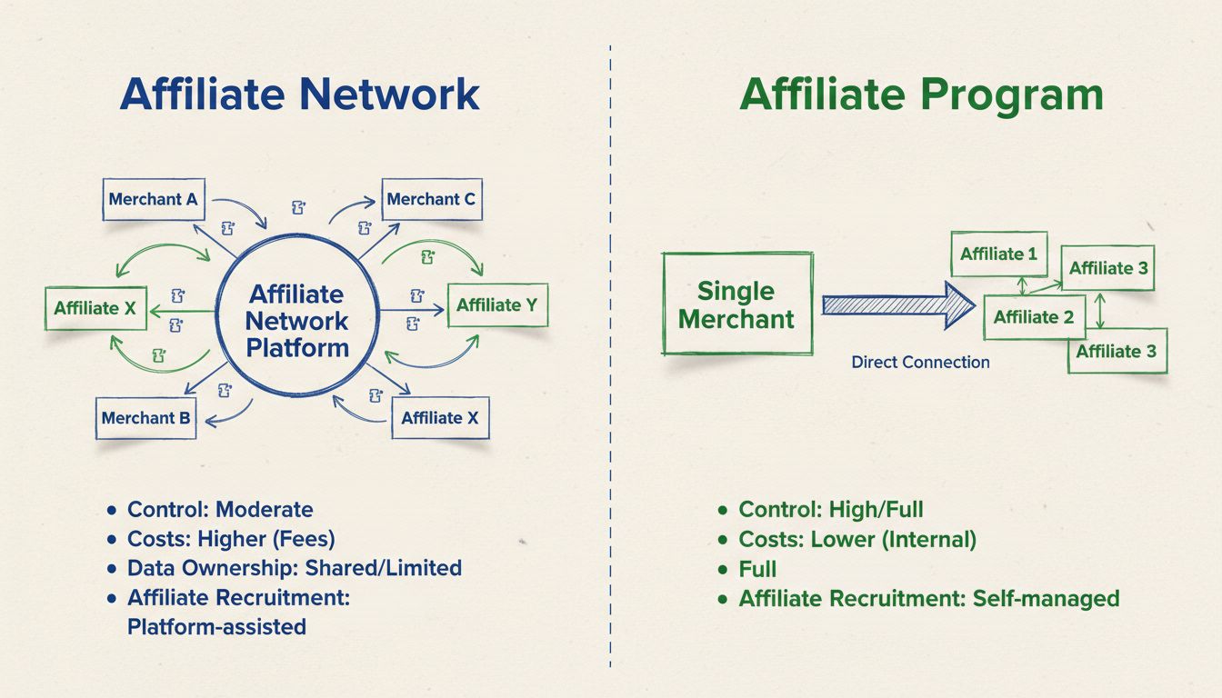 Vergelijkingsdiagram dat de structuur en verschillen tussen affiliate netwerk en affiliate programma toont