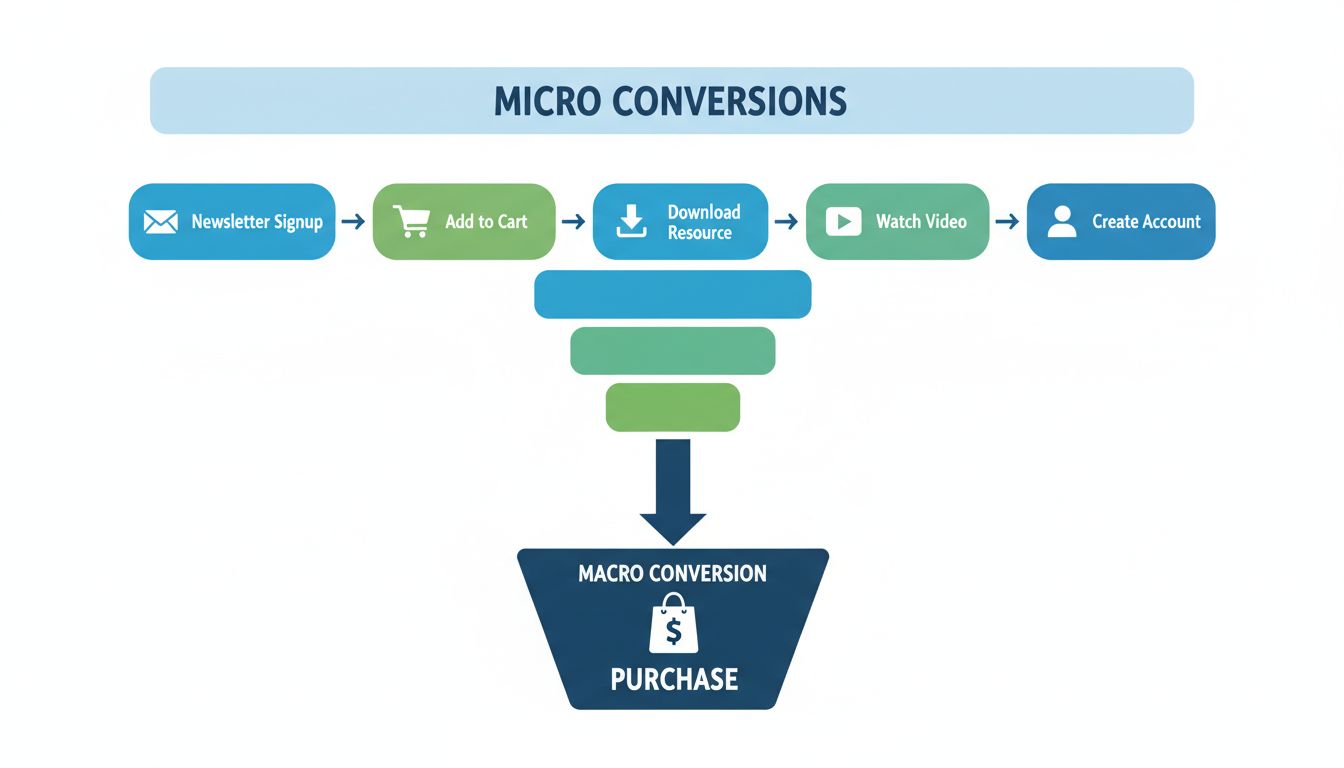 Microconversies-funnel die de voortgang toont van inschrijven voor nieuwsbrief, toevoegen aan winkelmandje, downloaden van bron, video bekijken en account aanmaken tot aan de macroconversie-aankoop