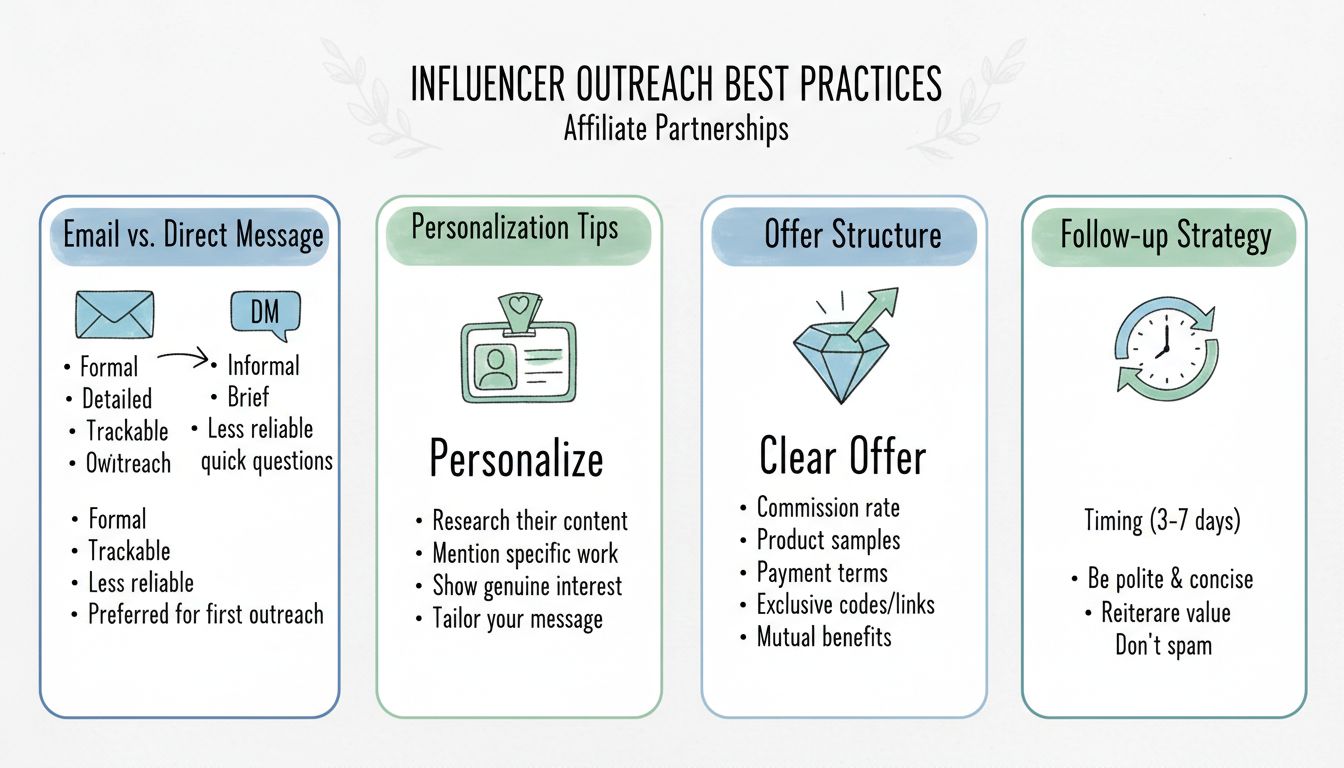 Infographic showing best practices for contacting influencers including email vs DM comparison, personalization tips, clear offer structure, and follow-up strategy
