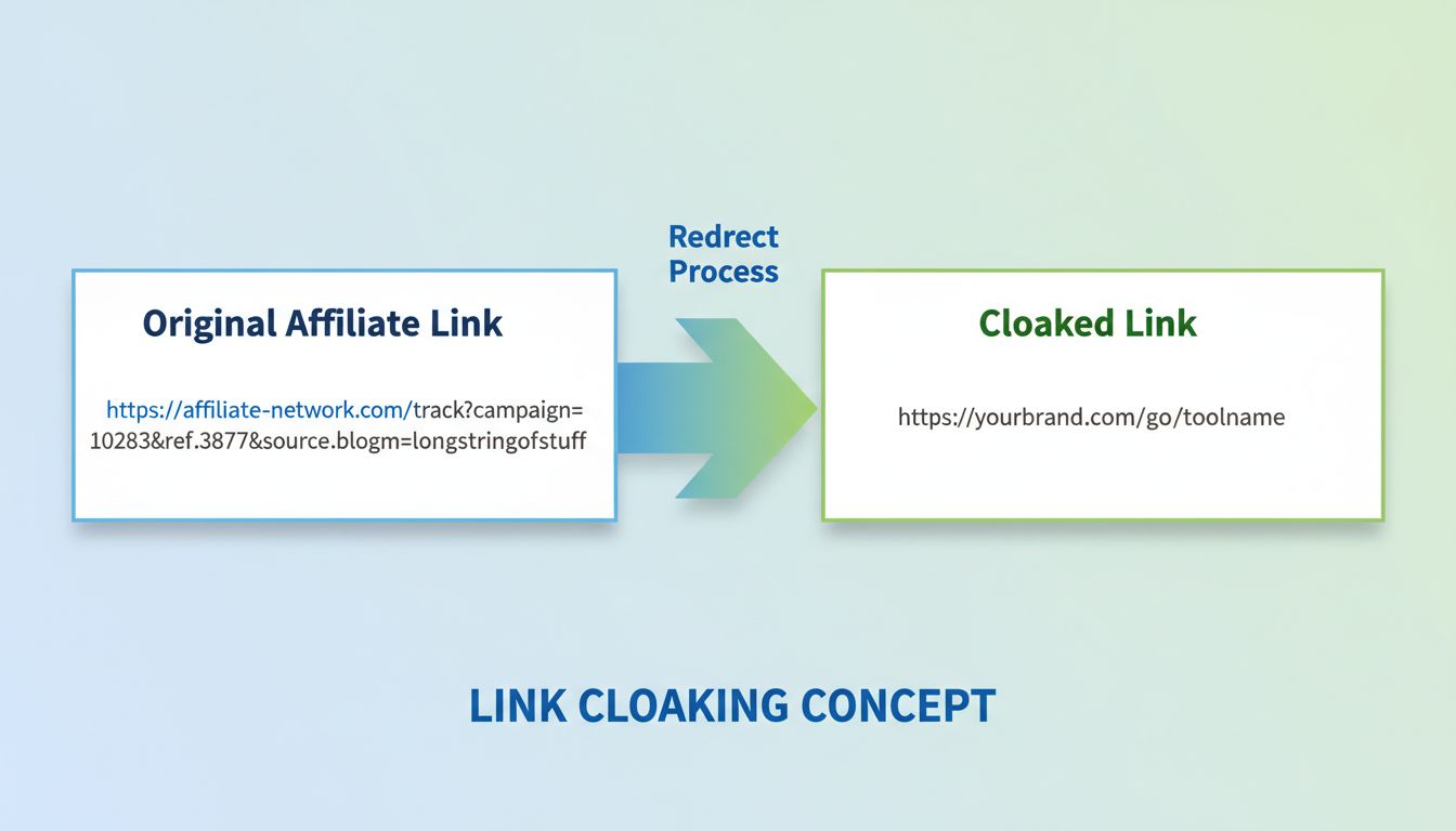 Diagram van link cloaking die de transformatie van lange affiliate URL naar schone gebrande URL toont
