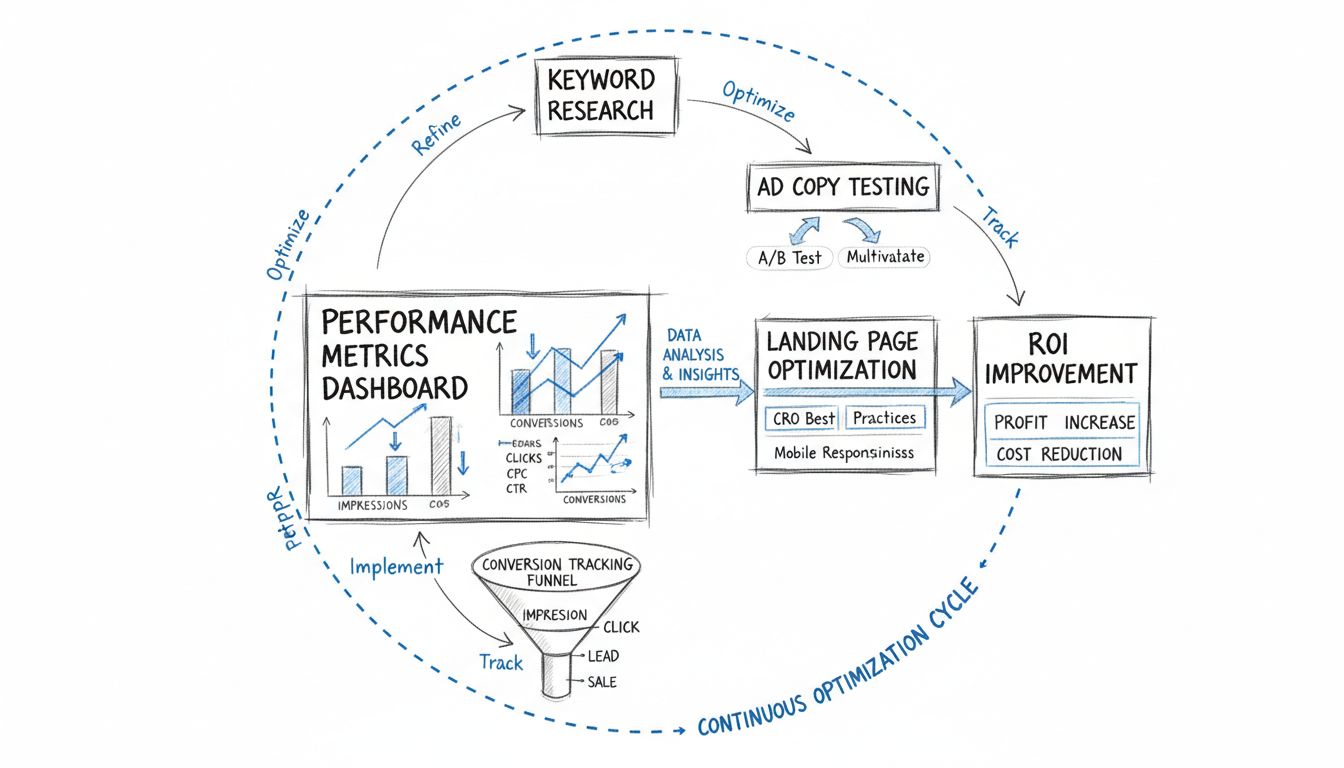 PPC-campagne-optimalisatieworkflowdiagram dat zoekwoordonderzoek, advertentietests, optimalisatie van landingspagina's, het bijhouden van statistieken en de ROI-verbetercyclus toont