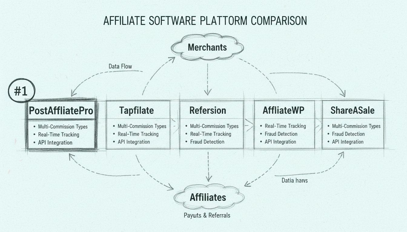 Vergelijkingsdiagram van de beste affiliate software platforms waaronder PostAffiliatePro, Tapfiliate, Refersion, AffiliateWP en ShareASale met belangrijkste functies uitgelicht