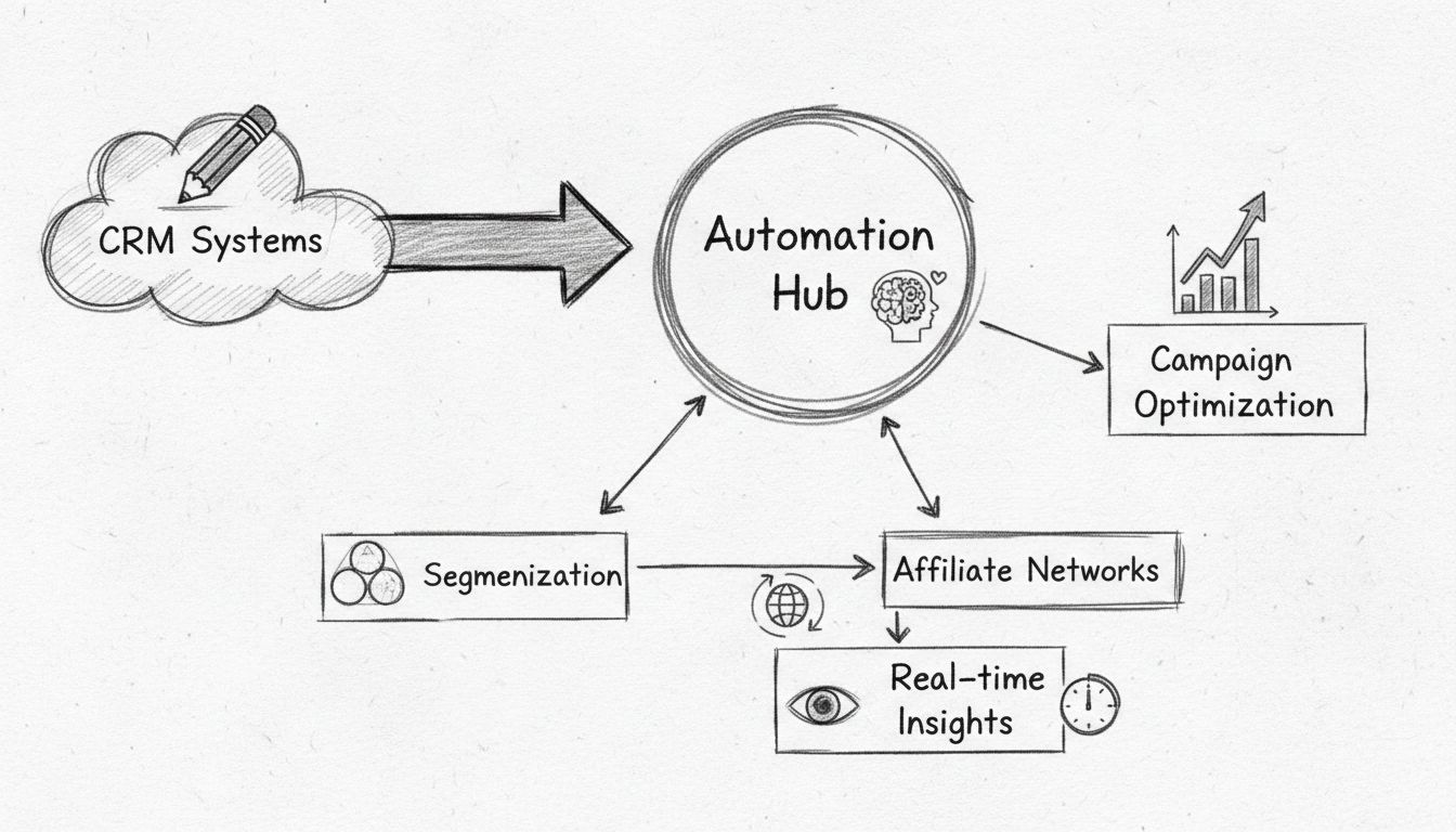 Diagram van automatiseringsworkflow met gegevensverzameling, segmentatie, personalisatie en campagne-optimalisatie voor affiliate marketing