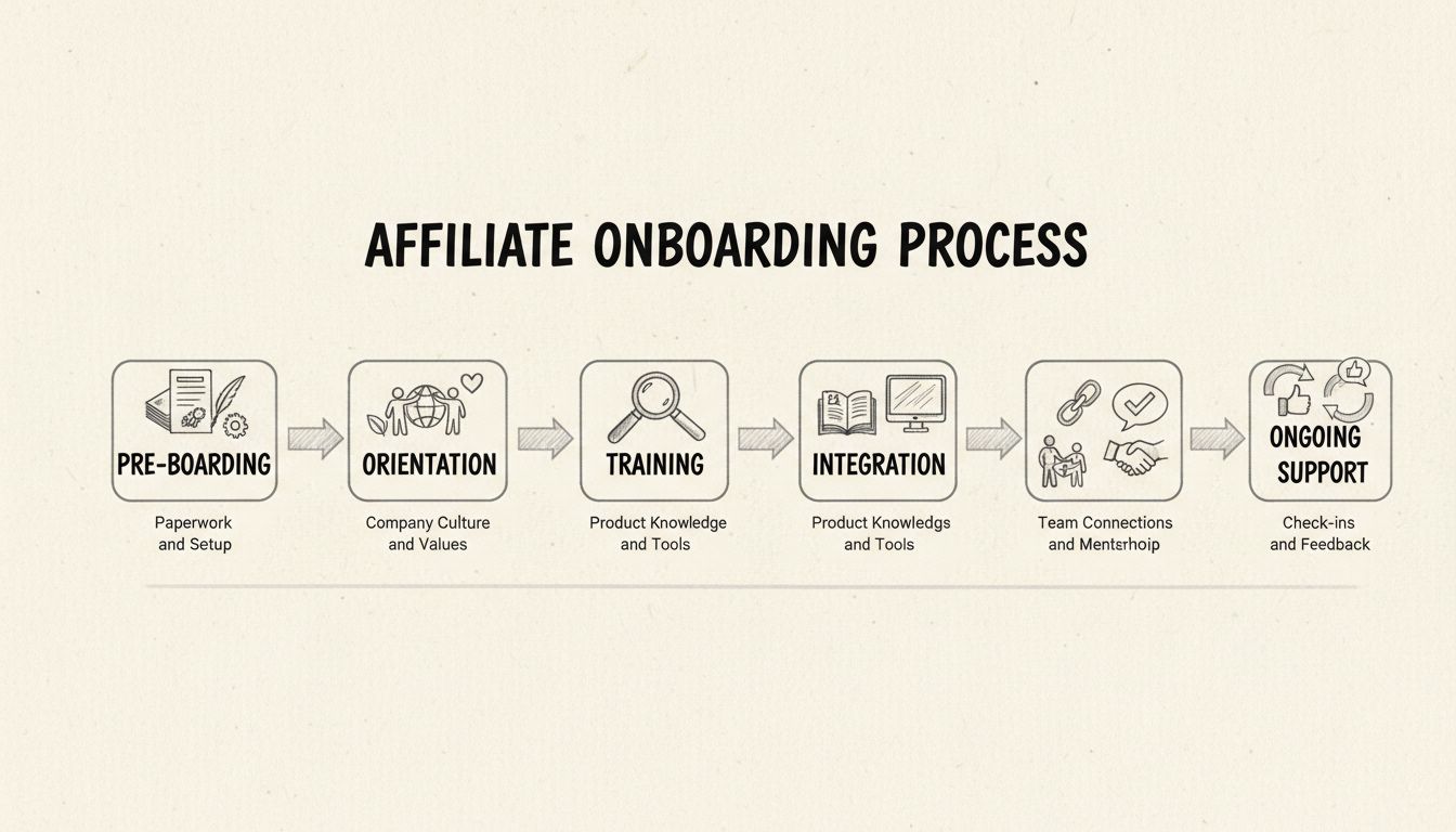 Diagram van het affiliate onboardingproces met vijf fasen: Pre-Boarding, Oriëntatie, Training, Integratie en Doorlopende Ondersteuning