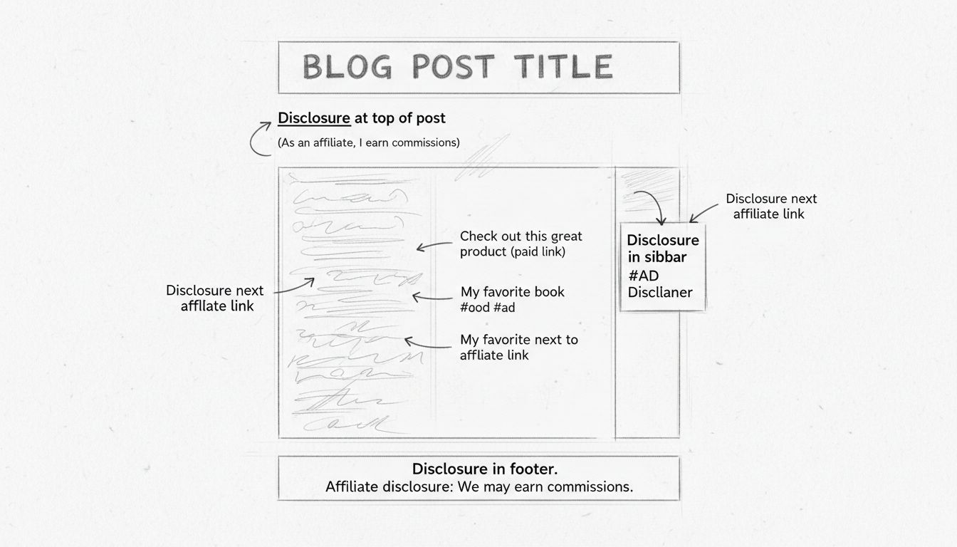 Handgetekend diagram met best practices voor het plaatsen van een affiliate-disclaimer, met labels voor bovenaan het bericht, naast links, footer en zijbalk
